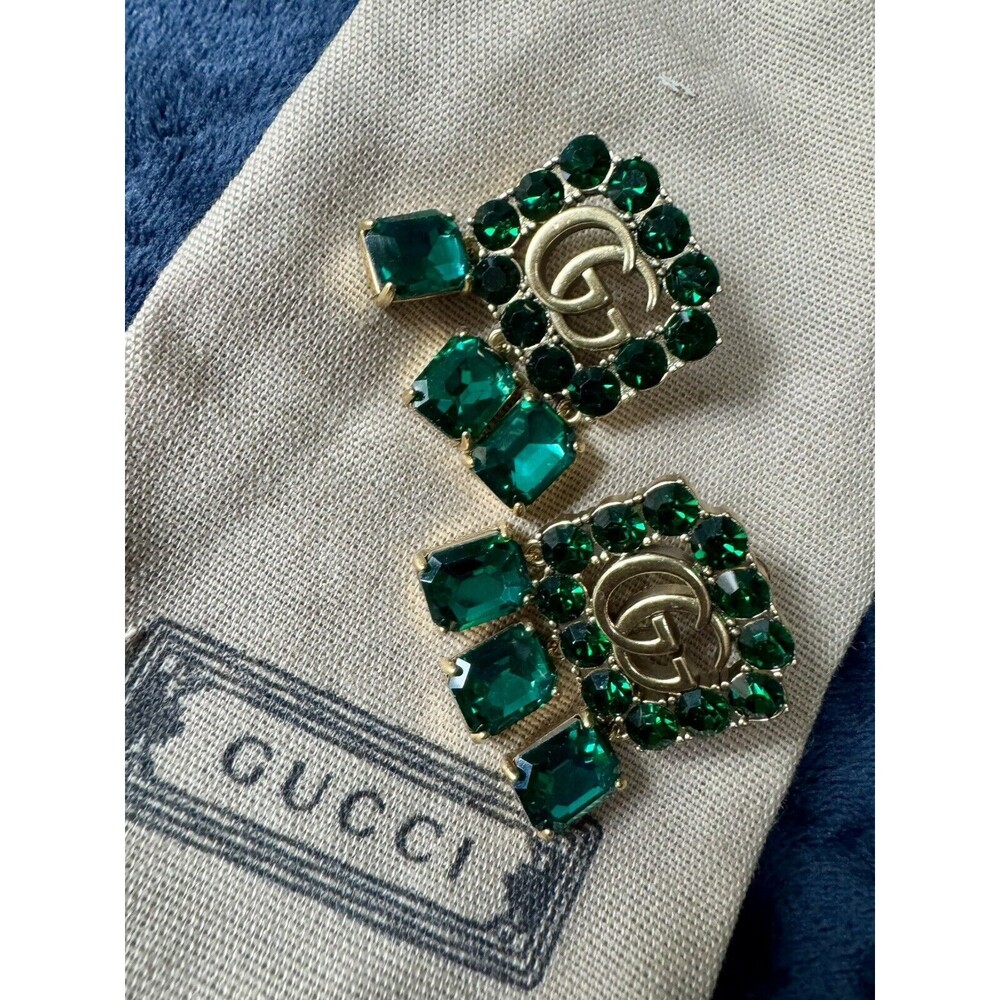 Vintage Gucci Emerald and Gold Drop Earrings with Double G Motif - Picture 11 of 14